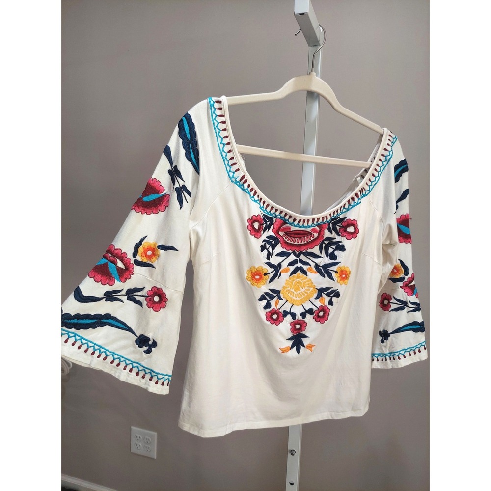 Boston Proper Embroidered Floral Bell Sleeve Boho Top XL Folk Peasant Colorful